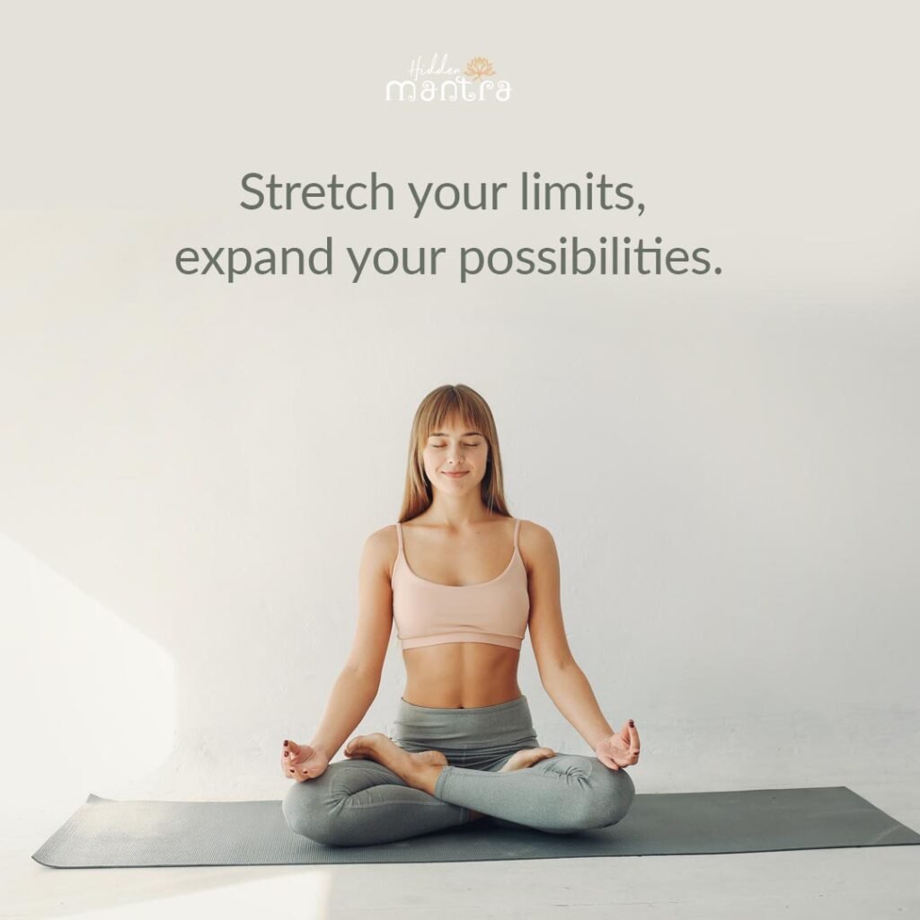 Image with a serene yoga pose in a bright, open space, overlaid with the quote: 'Stretch your limits, expand your possibilities. #YogaGoals.' The backdrop evokes a sense of calm and inspiration, encouraging growth and mindfulness through yoga.