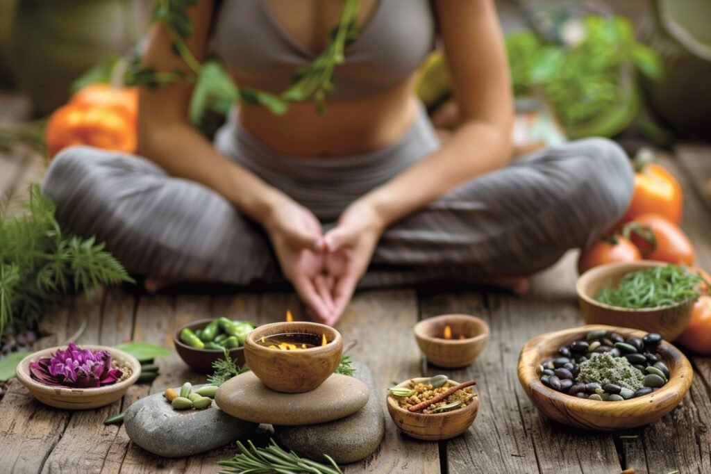 An inviting image showcasing traditional yoga poses and Ayurvedic herbs, symbolizing India's contribution to wellness and holistic health. The image captures the essence of both practices with serene backgrounds and authentic elements.
