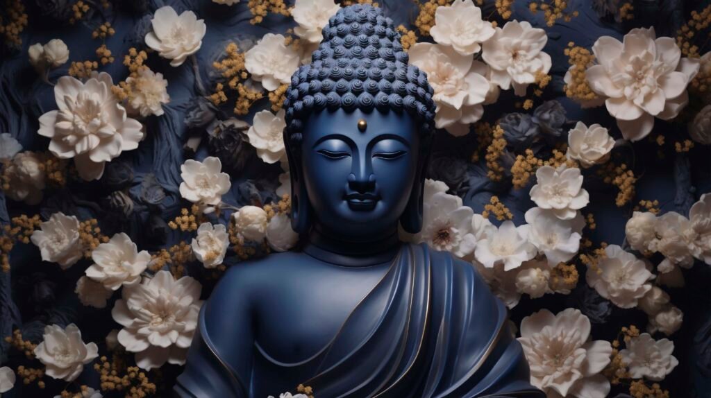 Blue Buddha statue surrounded by white flowers symbolizing peace, mindfulness, and the essence of Dharma