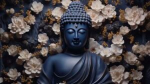 Blue Buddha statue surrounded by white flowers symbolizing peace, mindfulness, and the essence of Dharma