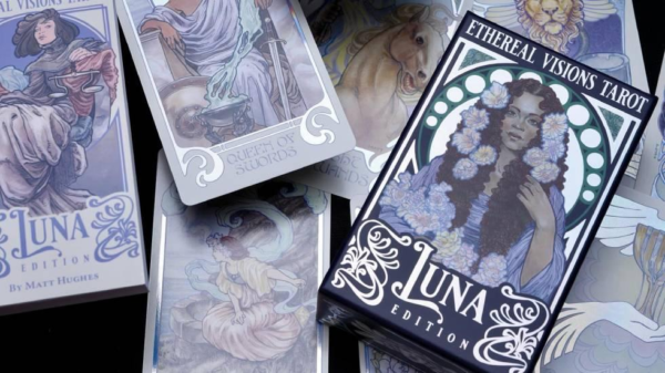 Ethereal Visions Tarot: Luna Edition deck with Art Nouveau cards, like the Queen of Swords, for spiritual practices