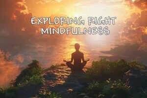 Person meditating at sunrise on a cliff overlooking the ocean, symbolizing right mindfulness and inner peace.