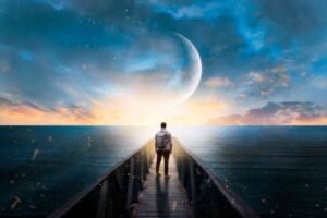 A person stands at the end of a wooden pier, facing a glowing horizon with a giant moon rising over the ocean, symbolizing the journey toward destiny.