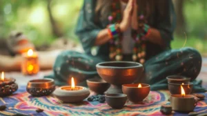 A person sitting cross-legged with hands in prayer position surrounded by lit candles, bowls, and colorful cloth during a spiritual ritual.