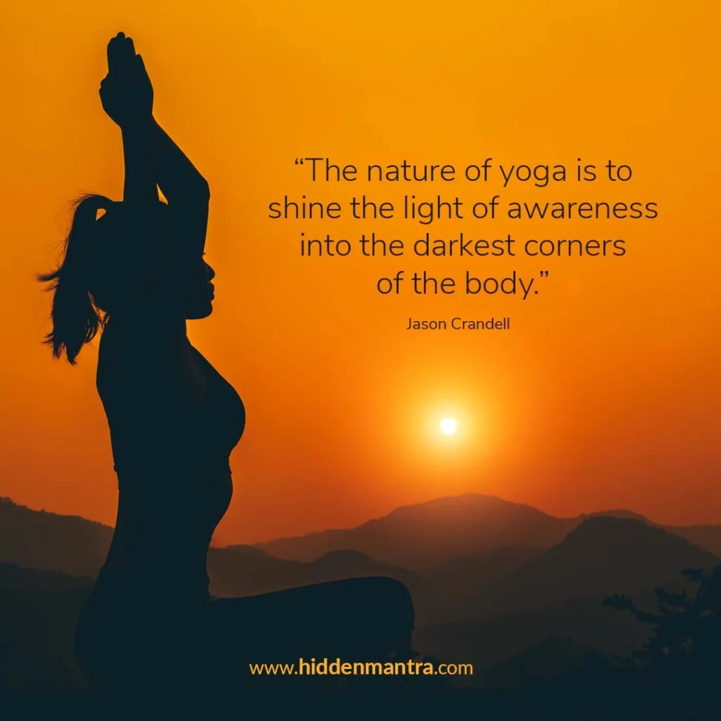 Motivational yoga quote “The nature of yoga is to shine the light of awareness” with woman practicing yoga at sunrise.