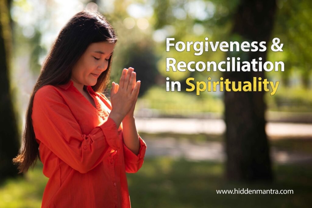 Woman in prayer pose practicing forgiveness and spiritual reconciliation outdoors.