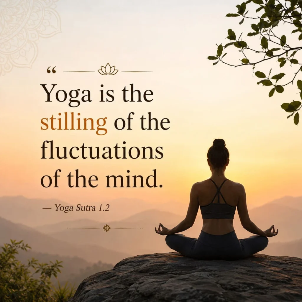 A peaceful person meditating outdoors at sunrise with the quote "Yoga is the stilling of the fluctuations of the mind" from Yoga Sutra 1.2.