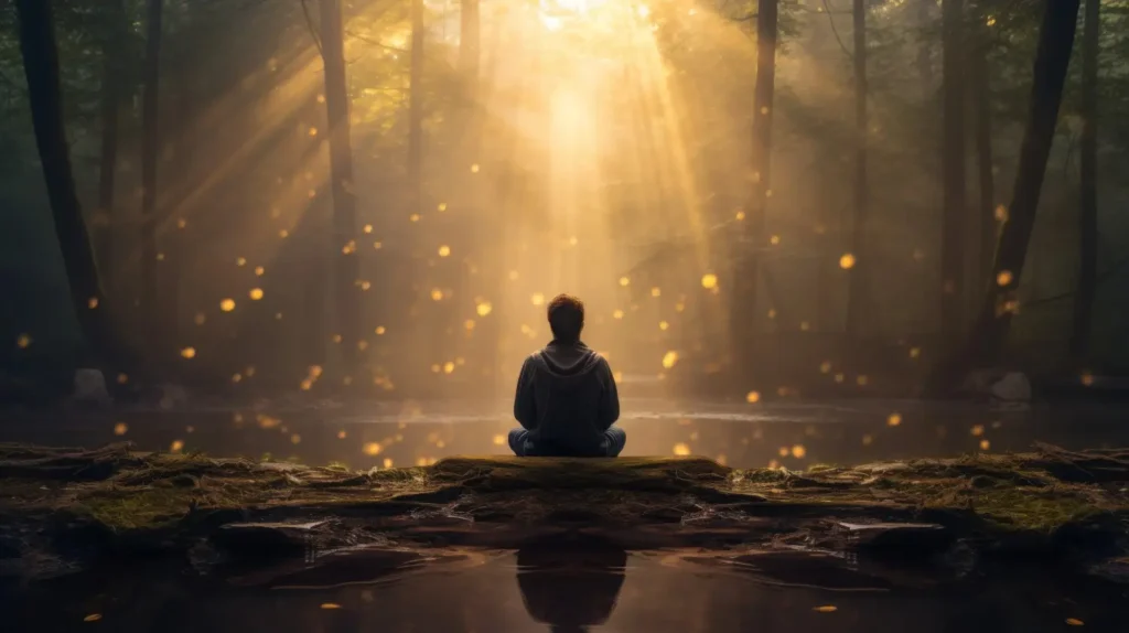 Person meditating in a forest with sunlight streaming through trees, symbolizing understanding karma and inner awareness