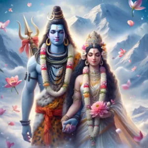 Shiva Parvati story depicted in a divine illustration showing the gods standing together in the Himalayas, symbolizing love, devotion, and spiritual union