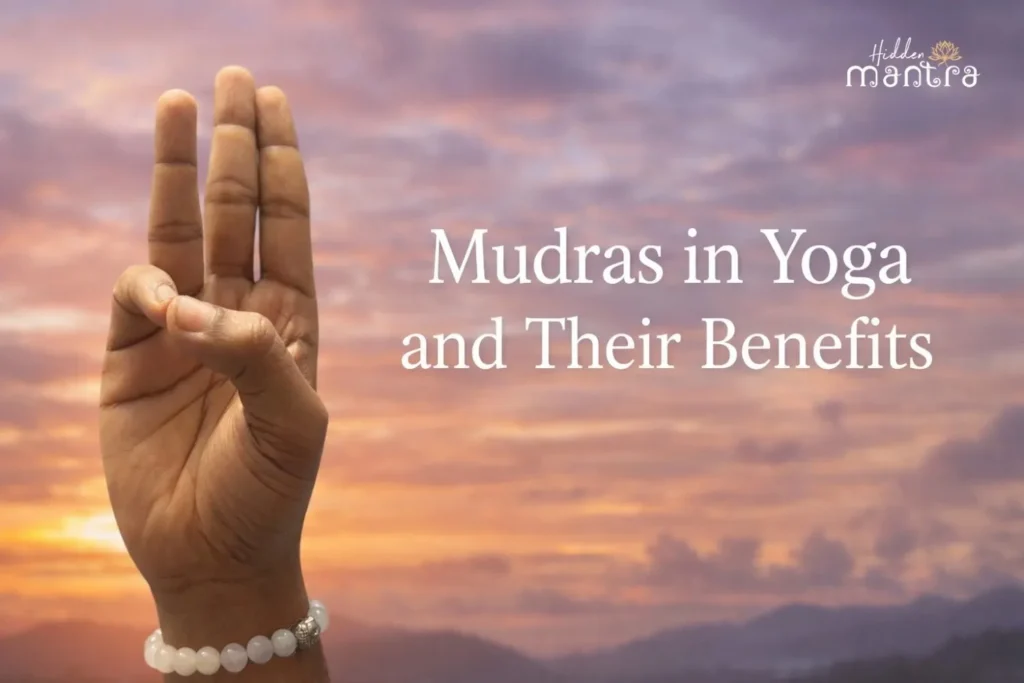 Mudras in yoga shown through a traditional hand gesture against a peaceful sky, symbolizing meditation, energy flow, and inner balance