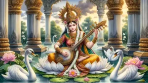 Goddess Saraswati seated on a white lotus playing the veena, surrounded by swans and lotus flowers in a serene temple setting, symbolizing the power of Saraswati Mantras.