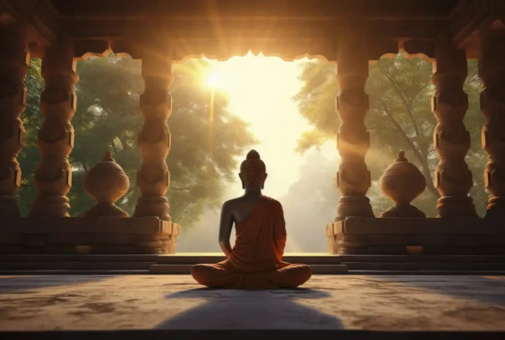 Monk meditating at sunrise inside a temple, inspired by the teachings of the Dhammapada.