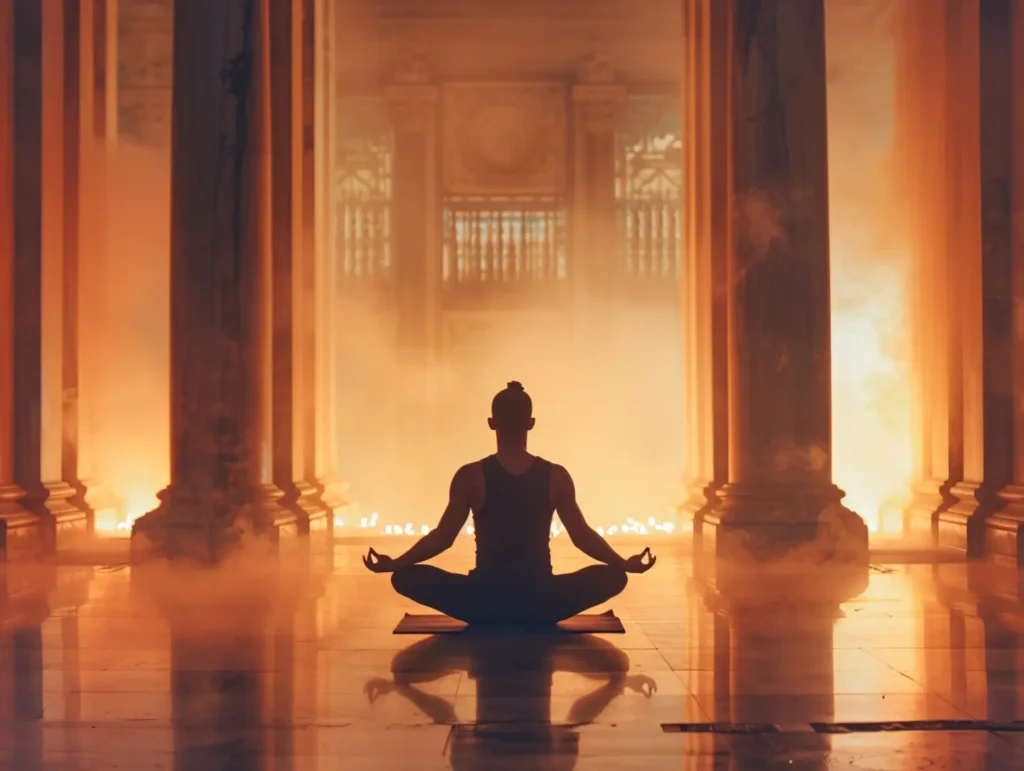 Person meditating in lotus posture inside a softly lit temple hall, symbolizing brahmacharya and inner discipline.