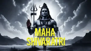Maha Shivaratri depiction of Lord Shiva standing in blessing posture, holding a trident, against a dramatic cloudy night sky symbolizing spiritual awakening and transformation.