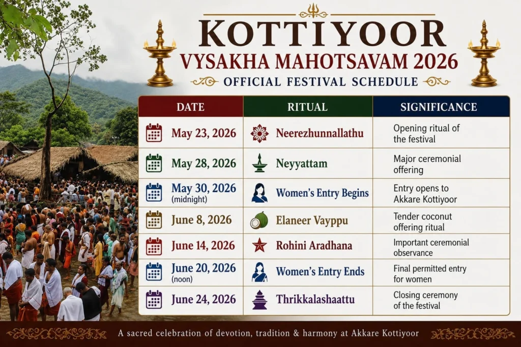 2 Kottiyoor Vysakha Mahotsavam 2026 official festival schedule — key dates and rituals at Akkare Kottiyoor, Kannur, Kerala