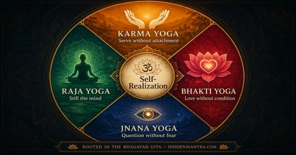 Mandala infographic of the four paths of yoga — Karma, Bhakti, Jnana, and Raja Yoga — leading to self-realization