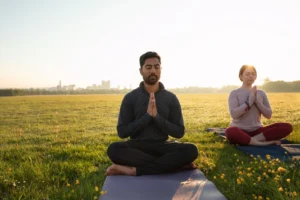 Person sitting cross-legged in meditation posture with eyes closed, practicing beginner meditation