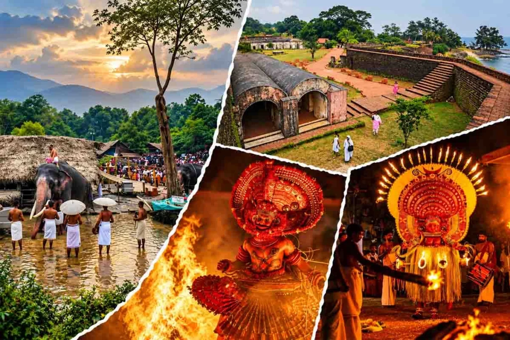 Places to visit in Kannur collage — Theyyam fire ritual, St. Angelo Fort, and temple elephant procession in Kerala