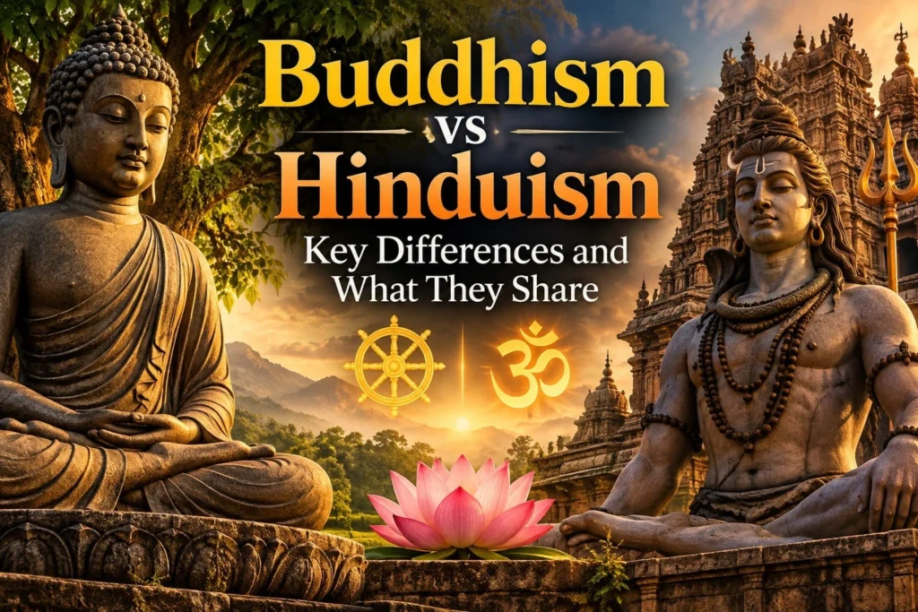 Buddha and Shiva depicted side by side with Buddhist and Hindu symbols, illustrating the key differences and shared traditions between Buddhism and Hinduism.