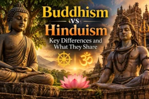 Buddha and Shiva depicted side by side with Buddhist and Hindu symbols, illustrating the key differences and shared traditions between Buddhism and Hinduism.
