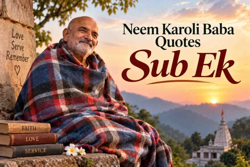 Neem Karoli Baba quotes featured image with the words “Sub Ek” against a serene Himalayan sunrise spiritual background.