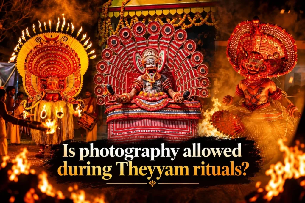 Three Theyyam performers in fire-lit ritual costume at a Kerala temple, illustrating whether photography is allowed during Theyyam