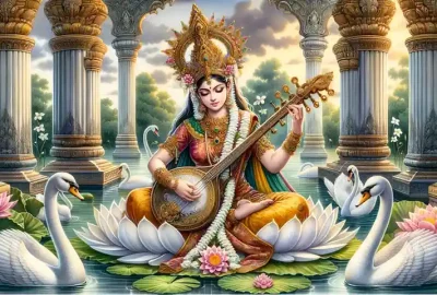 Goddess Saraswati seated on a white lotus playing the veena, surrounded by swans and lotus flowers in a serene temple setting, symbolizing the power of Saraswati Mantras.