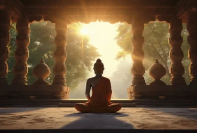 Monk meditating at sunrise inside a temple, inspired by the teachings of the Dhammapada.