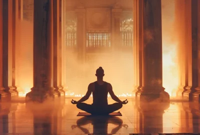 Person meditating in lotus posture inside a softly lit temple hall, symbolizing brahmacharya and inner discipline.