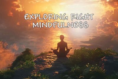 Person meditating at sunrise on a cliff overlooking the ocean, symbolizing right mindfulness and inner peace.