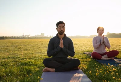 Person sitting cross-legged in meditation posture with eyes closed, practicing beginner meditation