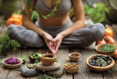 An inviting image showcasing traditional yoga poses and Ayurvedic herbs, symbolizing India's contribution to wellness and holistic health. The image captures the essence of both practices with serene backgrounds and authentic elements.