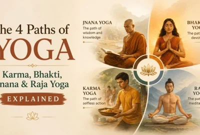 Four paths of yoga illustration showing Karma Bhakti Jnana and Raja Yoga symbols