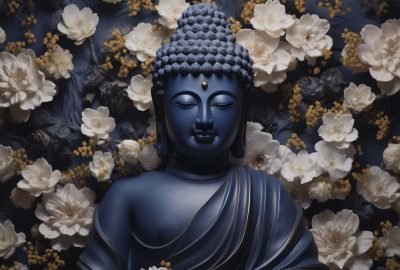 Blue Buddha statue surrounded by white flowers symbolizing peace, mindfulness, and the essence of Dharma