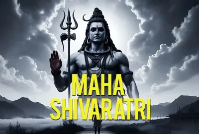 Maha Shivaratri depiction of Lord Shiva standing in blessing posture, holding a trident, against a dramatic cloudy night sky symbolizing spiritual awakening and transformation.