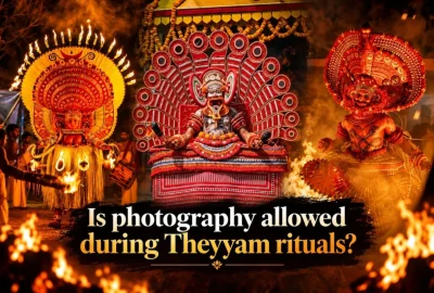 Three Theyyam performers in fire-lit ritual costume at a Kerala temple, illustrating whether photography is allowed during Theyyam