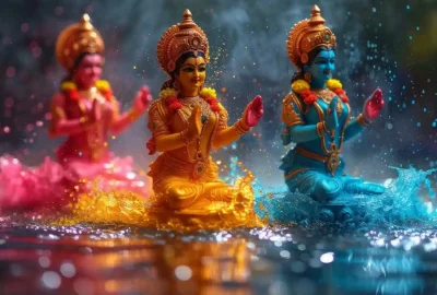 Idols of Goddess Durga in vibrant colours symbolizing the Nine Colours of Navratri and devotion during Navratri nine days celebration.